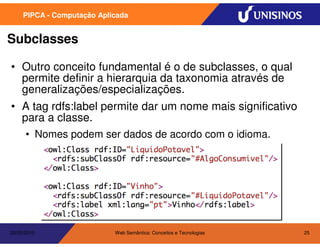PIPCA - Computação Aplicada


Subclasses

• Outro conceito fundamental é o de subclasses, o qual
  permite definir a hierarquia da taxonomia através de
  generalizações/especializações.
• A tag rdfs:label permite dar um nome mais significativo
  para a classe.
      • Nomes podem ser dados de acordo com o idioma.




20/05/2010                  Web Semântica: Conceitos e Tecnologias   25
 