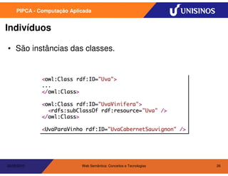 PIPCA - Computação Aplicada


Indivíduos

• São instâncias das classes.




20/05/2010                  Web Semântica: Conceitos e Tecnologias   26
 