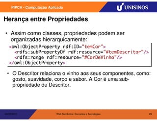 PIPCA - Computação Aplicada


Herança entre Propriedades

• Assim como classes, propriedades podem ser
  organizadas hierarquicamente:




 • O Descritor relaciona o vinho aos seus componentes, como:
   gosto, suavidade, corpo e sabor. A Cor é uma sub-
   propriedade de Descritor.




20/05/2010                  Web Semântica: Conceitos e Tecnologias   29
 
