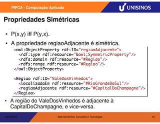 PIPCA - Computação Aplicada


Propriedades Simétricas

• P(x,y) iff P(y,x).
• A propriedade regiaoAdjacente é simétrica.




• A região do ValeDosVinhedos é adjacente à
  CapitalDoChampagne, e vice-versa.
20/05/2010                  Web Semântica: Conceitos e Tecnologias   34
 