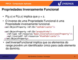 PIPCA - Computação Aplicada


Propriedades Inversamente Funcional

• P(y,x) e P(z,x) implica que y = z.
• O inverso de uma Propriedade Funcional é uma
  Propriedade inversamente funcional.




• owl:InverseFunctional implica que os elementos do
  range provêm um identificador único para cada elemento
  do domínio.

20/05/2010                  Web Semântica: Conceitos e Tecnologias   37
 