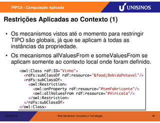 PIPCA - Computação Aplicada


Restrições Aplicadas ao Contexto (1)

• Os mecanismos vistos até o momento para restringir
  TIPO são globais, já que se aplicam à todas as
  instâncias da propriedade.
• Os mecanismos allValuesFrom e someValuesFrom se
  aplicam somente ao contexto local onde foram definido.




20/05/2010                  Web Semântica: Conceitos e Tecnologias   38
 
