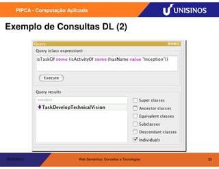 PIPCA - Computação Aplicada


Exemplo de Consultas DL (2)




20/05/2010                  Web Semântica: Conceitos e Tecnologias   55
 