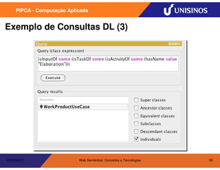 PIPCA - Computação Aplicada


Exemplo de Consultas DL (3)




20/05/2010                  Web Semântica: Conceitos e Tecnologias   56
 