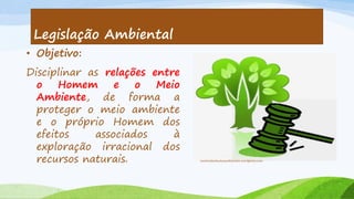 Legislação Ambiental
• Objetivo:
Disciplinar as relações entre
o
Homem
e
o
Meio
Ambiente, de forma a
proteger o meio ambiente
e o próprio Homem dos
efeitos
associados
à
exploração irracional dos
recursos naturais.

centrodeestudosambientais.wordpress.com

 