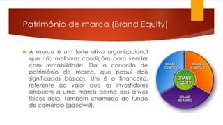 Patrimônio de marca (Brand Equity) 
 A marca é um forte ativo organizacional 
que cria melhores condições para vender 
com rentabilidade. Daí o conceito de 
patrimônio de marca, que possui dois 
significados básicos. Um é o financeiro, 
referente ao valor que os investidores 
atribuem a uma marca acima dos ativos 
físicos dela, também chamado de fundo 
de comercio (goodwill). 
 