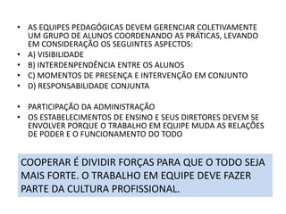 • AS EQUIPES PEDAGÓGICAS DEVEM GERENCIAR COLETIVAMENTE
UM GRUPO DE ALUNOS COORDENANDO AS PRÁTICAS, LEVANDO
EM CONSIDERAÇÃO OS SEGUINTES ASPECTOS:
• A) VISIBILIDADE
• B) INTERDENPENDÊNCIA ENTRE OS ALUNOS
• C) MOMENTOS DE PRESENÇA E INTERVENÇÃO EM CONJUNTO
• D) RESPONSABILIDADE CONJUNTA
• PARTICIPAÇÃO DA ADMINISTRAÇÃO
• OS ESTABELECIMENTOS DE ENSINO E SEUS DIRETORES DEVEM SE
ENVOLVER PORQUE O TRABALHO EM EQUIPE MUDA AS RELAÇÕES
DE PODER E O FUNCIONAMENTO DO TODO
COOPERAR É DIVIDIR FORÇAS PARA QUE O TODO SEJA
MAIS FORTE. O TRABALHO EM EQUIPE DEVE FAZER
PARTE DA CULTURA PROFISSIONAL.
 