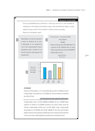 155
Aula 7 – Ajudando sua inspiração: modelos de atividades – Parte 1
Resposta Comentada
Uma das possibilidades para transformar o trecho que você leu em uma atividade de
integração de informações está ilustrada a seguir. Você provavelmente chegou a outras
opções. Se quiser, vá até o Fórum da Aula 4 e discuta conosco suas idéias.
Observe as informações a seguir:
ATIVIDADE
Analise as informações 1, 2 e 3. Considerando que não há inflação, calcule
a depreciação acumulada em 31/12/2005 do veículo Andante, comprado
por João da Silva.
Resposta comentada (do exemplo proposto)
A depreciação anual é de R$ 2.000,00 (10.000/5). Do dia 1/7/2004 (data
explícita no recibo) a 31/12/2004 contamos seis meses. Então, temos de
calcular a depreciação mensal, que é de R$ 166,67. Logo, a depreciação
acumulada em 31/12/2004 será de R$ 1.000,00. É claro que você também
poderia resolver essa questão considerando que seis meses são equivalentes
a meio ano; então, a depreciação acumulada seria a metade da anual.
Depreciaçãoéumvalorquerepresenta
a perda de eficiência de um bem.
A depreciação de um equipamento
novo é nula; a depreciação do mesmo
equipamento após o período de sua
vida útil é igual ao valor pago por ele
originalmente.
1
Rio de Janeiro, 1º de julho de 2005
R$ 10.000,00
RECIBO
Recebi de João da Silva (CPF 098765432-10)
a quantia de R$ 10.000,00 (dez mil reais),
relativaàaquisiçãodoautomóvelANDANTE®
modelo 2005, zero Km.
José de Souza
José de Souza
2
Andante
Quebre-
Galho
Voador
Turbo
Coche2005
Vida útil dos
automóveis
mais vendidos
(em anos)
6
5
4
3
 