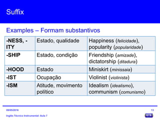 Suffix
Inglês Técnico Instrumental: Aula 7
Examples – Formam substantivos
13
-NESS, -
ITY
Estado, qualidade Happiness (felicidade),
popularity (popularidade)
-SHIP Estado, condição Friendship (amizade),
dictatorship (ditadura)
-HOOD Estado Miniskirt (minissaia)
-IST Ocupação Violinist (violinista)
-ISM Atitude, movimento
político
Idealism (idealismo),
communism (comunismo)
09/05/2016
 
