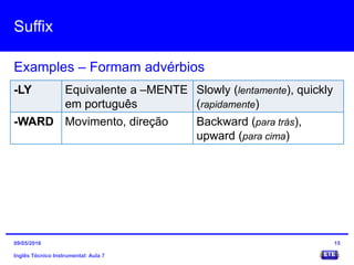 Suffix
Inglês Técnico Instrumental: Aula 7
Examples – Formam advérbios
15
-LY Equivalente a –MENTE
em português
Slowly (lentamente), quickly
(rapidamente)
-WARD Movimento, direção Backward (para trás),
upward (para cima)
09/05/2016
 