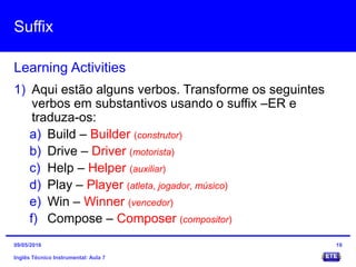 Suffix
Inglês Técnico Instrumental: Aula 7
Learning Activities
19
1) Aqui estão alguns verbos. Transforme os seguintes
verbos em substantivos usando o suffix –ER e
traduza-os:
a) Build – Builder (construtor)
b) Drive – Driver (motorista)
c) Help – Helper (auxiliar)
d) Play – Player (atleta, jogador, músico)
e) Win – Winner (vencedor)
f) Compose – Composer (compositor)
09/05/2016
 