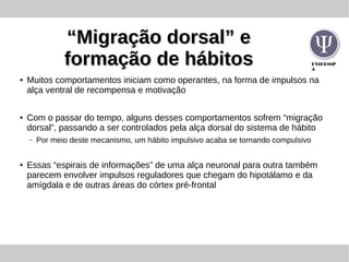 UNIFESSP
A
““Migração dorsal” eMigração dorsal” e
formação de hábitosformação de hábitos
● Muitos comportamentos iniciam como operantes, na forma de impulsos na
alça ventral de recompensa e motivação
● Com o passar do tempo, alguns desses comportamentos sofrem “migração
dorsal”, passando a ser controlados pela alça dorsal do sistema de hábito
– Por meio deste mecanismo, um hábito impulsivo acaba se tornando compulsivo
● Essas “espirais de informações” de uma alça neuronal para outra também
parecem envolver impulsos reguladores que chegam do hipotálamo e da
amígdala e de outras áreas do córtex pré-frontal
 