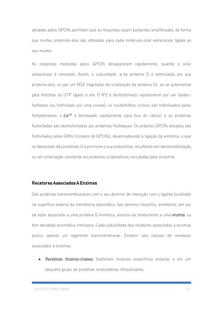 GUSTAVO PINHO MAIA 13
ativadas pelos GPCRs permitem que as respostas sejam bastantes amplificadas, de forma
que muitas proteínas-alvo são alteradas para cada molécula-sinal extracelular ligada ao
seu recetor.
As respostas mediadas pelos GPCRs desaparecem rapidamente, quando o sinal
extracelular é removido. Assim, a subunidade αda proteína G é estimulada por sua
proteína-alvo, ou por um RGS (regulador de sinalização da proteína G), ao se autoinativar
pela hidrólise do GTP ligado a ela. O IP3 é desfosforilado rapidamente por um lipídeo-
fosfatase (ou fosforilado por uma cinase), os nucleotídeos cíclicos são hidrolisados pelas
fosfodiésteres, o 𝐶𝑎2+
é bombeado rapidamente para fora do citosol, e as proteínas
fosforiladas são desfosforiladas por proteínas-fosfatases. Os próprios GPCRs ativados são
fosforilados pelas GRKs (cinases de GPCRs), desencadeando a ligação da arrestina, o que
os desacopla das proteínas G e promove a sua endocitose, resultando em dessensibilização
ou em sinalização constante via proteínas sinalizadoras recrutadas pela arrestina.
Recetores Associados A Enzimas
São proteínas transmembranares com o seu domínio de interação com o ligante localizado
na superfície externa da membrana plasmática. Seu domínio citosólico, entretanto, em vez
de estar associado a uma proteína G trimérica, associa-se diretamente a uma enzima, ou
tem atividade enzimática intrínseca. Cada subunidade dos recetores associados a enzimas
possui apenas um segmento transmembranar. Existem seis classes de recetores
associados a enzimas:
• Recetores tirosina-cinases: fosforilam tirosinas especificas próprias e em um
pequeno grupo de proteínas sinalizadoras intracelulares.
 