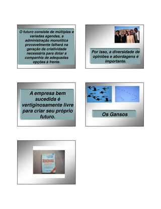 27/01/2014

O futuro consiste de múltiplas e
variadas agendas, a
administração monolítica
provavelmente falhará na
geração da criatividade
necessária para dotar a
companhia de adequadas
opções à frente.

A empresa bem
sucedida é
vertiginosamente livre
para criar seu próprio
futuro.

Por isso, a diversidade de
opiniões e abordagens é
importante.

Os Gansos

9

 