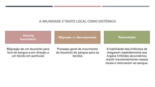 A IMUNIDADE ÉTANTO LOCAL COMO SISTÊMICA
Homing
leucocitário
Migração ou Recrutamento
Migração de um leucócito para
fora do sangue e em direção a
um tecido em particular
Processo geral de movimento
do leucócito do sangue para os
tecidos
Recirculação
A habilidade dos linfócitos de
chegarem repetidamente aos
órgãos linfoides secundários,
residir transientemente nesses
locais e retornarem ao sangue.
 