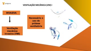 VENTILAÇÃO MECÂNICA (VM) I
INVASIVA
Necessário o
uso de
prótese
ventilatória
Ventilação
mecânica
invasiva (VMI)
 