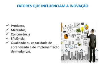 FATORES QUE INFLUENCIAM A INOVAÇÃO
 Produtos,
 Mercados,
 Concorrência
 Eficiência,
 Qualidade ou capacidade de
aprendizado e de implementação
de mudanças.
 