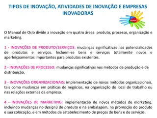 TIPOS DE INOVAÇÃO, ATIVIDADES DE INOVAÇÃO E EMPRESAS
INOVADORAS
O Manual de Oslo divide a inovação em quatro áreas: produto, processo, organização e
marketing.
1 - INOVAÇÕES DE PRODUTO/SERVIÇOS: mudanças significativas nas potencialidades
de produtos e serviços. Incluem-se bens e serviços totalmente novos e
aperfeiçoamentos importantes para produtos existentes.
2 - INOVAÇÕES DE PROCESSO: mudanças significativas nos métodos de produção e de
distribuição.
3 - INOVAÇÕES ORGANIZACIONAIS: implementação de novos métodos organizacionais,
tais como mudanças em práticas de negócios, na organização do local de trabalho ou
nas relações externas da empresa.
4 - INOVAÇÕES DE MARKETING: implementação de novos métodos de marketing,
incluindo mudanças no design3 do produto e na embalagem, na promoção do produto
e sua colocação, e em métodos de estabelecimento de preços de bens e de serviços.
 