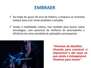 EMBRAER
 Ao longo de quase 50 anos de história, a empresa se reinventa
sempre para criar novos produtos e soluções
 mudar a mobilidade urbana, mas também para buscar novas
tecnologias, com potencial de melhoria de desempenho e
eficiência em uma variedade de aplicações aeroespaciais.
“Vivemos de desafios.
Vivendo para construir o
impossível e dar asas ao
que ainda é inimaginável.
Vivemos para inovar”.
 