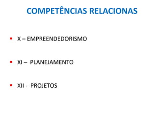 X – EMPREENDEDORISMO
 XI – PLANEJAMENTO
 XII - PROJETOS
COMPETÊNCIAS RELACIONAS
 