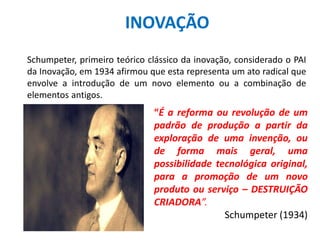 INOVAÇÃO
Schumpeter, primeiro teórico clássico da inovação, considerado o PAI
da Inovação, em 1934 afirmou que esta representa um ato radical que
envolve a introdução de um novo elemento ou a combinação de
elementos antigos.
“É a reforma ou revolução de um
padrão de produção a partir da
exploração de uma invenção, ou
de forma mais geral, uma
possibilidade tecnológica original,
para a promoção de um novo
produto ou serviço – DESTRUIÇÃO
CRIADORA”.
Schumpeter (1934)
 