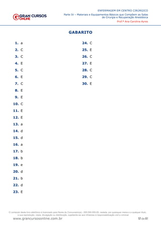 57 de 61
ENFERMAGEM EM CENTRO CIRÚRGICO
Parte IV – Materiais e Equipamentos Básicos que Compõem as Salas
de Cirurgia e Recuperação Anestésica
Prof.ª Ana Carolina Ayres
www.grancursosonline.com.br
GABARITO
1. a
2. C
3. C
4. E
5. C
6. E
7. C
8. E
9. E
10. C
11. E
12. E
13. a
14. d
15. d
16. a
17. b
18. b
19. e
20. d
21. b
22. d
23. E
24. C
25. E
26. C
27. E
28. C
29. C
30. E
O conteúdo deste livro eletrônico é licenciado para Nome do Concurseiro(a) - 000.000.000-00, vedada, por quaisquer meios e a qualquer título,
a sua reprodução, cópia, divulgação ou distribuição, sujeitando-se aos infratores à responsabilização civil e criminal.
 