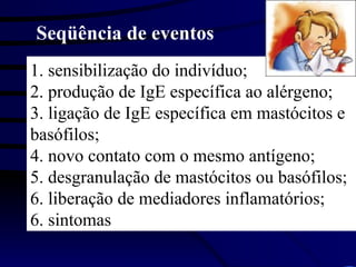 1. sensibilização do indivíduo;
2. produção de IgE específica ao alérgeno;
3. ligação de IgE específica em mastócitos e
basófilos;
4. novo contato com o mesmo antígeno;
5. desgranulação de mastócitos ou basófilos;
6. liberação de mediadores inflamatórios;
6. sintomas
Seqüência de eventos
 