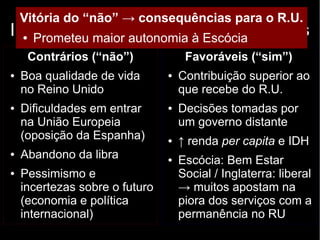 Vitória do “não” → consequências para o R.U. 
Independência escocesa: argumentos 
● Prometeu maior autonomia à Escócia 
Contrários (“não”) 
● Boa qualidade de vida 
no Reino Unido 
● Dificuldades em entrar 
na União Europeia 
(oposição da Espanha) 
● Abandono da libra 
● Pessimismo e 
incertezas sobre o futuro 
(economia e política 
internacional) 
Favoráveis (“sim”) 
● Contribuição superior ao 
que recebe do R.U. 
● Decisões tomadas por 
um governo distante 
● ↑ renda per capita e IDH 
● Escócia: Bem Estar 
Social / Inglaterra: liberal 
→ muitos apostam na 
piora dos serviços com a 
permanência no RU 
 