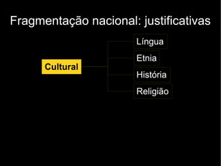 Fragmentação nacional: justificativas 
Cultural 
Língua 
Etnia 
História 
Religião 
 