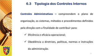 13 
6.3 Tipologia dos Controles Internos 
ControlesAdministrativos–compreendemoplanodeorganização,ossistemas,métodoseprocedimentosdefinidospeladireçãocomafinalidadedecontribuirpara: 
Eficiênciaeeficáciaoperacional; 
Obediênciaadiretrizes,políticas,normaseinstruçõesdaadministração.  