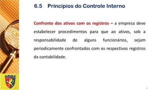 Confrontodosativoscomosregistros–aempresadeveestabelecerprocedimentosparaqueaoativos,sobaresponsabilidadedealgunsfuncionários,sejamperiodicamenteconfrontadoscomosrespectivosregistrosdacontabilidade. 
22 
6.5 Princípios do Controle Interno  