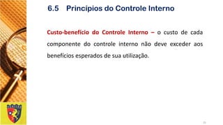 Custo-benefíciodoControleInterno–ocustodecadacomponentedocontroleinternonãodeveexcederaosbenefíciosesperadosdesuautilização. 
25 
6.5 Princípios do Controle Interno  