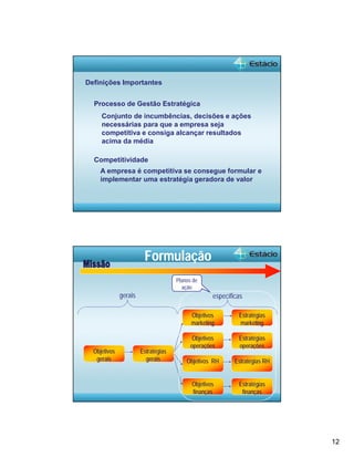 12 
Definições Importantes 
Processo de Gestão Estratégica 
Conjunto de incumbências, decisões e ações 
necessárias para que a empresa seja 
competitiva e consiga alcançar resultados 
acima da média 
Competitividade 
A empresa é competitiva se consegue formular e 
implementar uma estratégia geradora de valor 
Formulação 
Objetivos 
gerais 
gerais específicas 
Estratégias 
gerais 
Objetivos 
marketing 
Objetivos 
operações 
Objetivos RH 
Objetivos 
finanças 
Estratégias 
marketing 
Estratégias 
operações 
Estratégias RH 
Estratégias 
finanças 
Planos de 
ação 
 