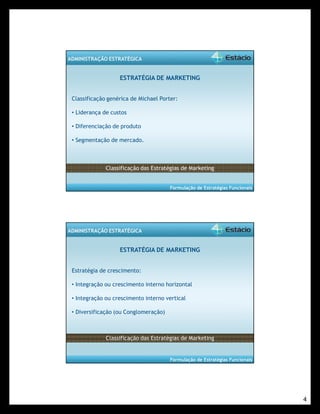 4 
Formulação de Estratégias Funcionais 
ADMINISTRAÇÃO ESTRATÉGICA 
ESTRATÉGIA DE MARKETING 
Classificação genérica de Michael Porter: 
• Liderança de custos 
• Diferenciação de produto 
• Segmentação de mercado. 
Classificação das Estratégias de Marketing 
Formulação de Estratégias Funcionais 
ADMINISTRAÇÃO ESTRATÉGICA 
ESTRATÉGIA DE MARKETING 
Estratégia de crescimento: 
• Integração ou crescimento interno horizontal 
• Integração ou crescimento interno vertical 
• Diversificação (ou Conglomeração) 
Classificação das Estratégias de Marketing 
 