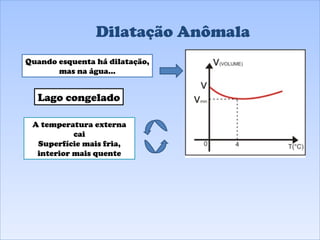 Dilatação Anômala Lago congelado Quando esquenta há dilatação, mas na água... A temperatura externa cai Superfície mais fria, interior mais quente 
