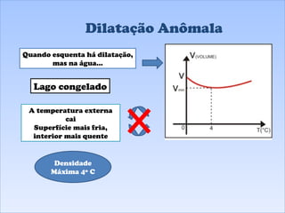 Dilatação Anômala Lago congelado Quando esquenta há dilatação, mas na água... A temperatura externa cai Superfície mais fria, interior mais quente Densidade Máxima 4º C 