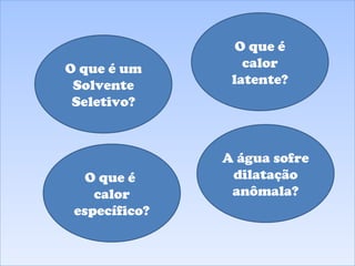 O que é  calor específico? O que é um Solvente Seletivo? O que é calor latente? A água sofre dilatação anômala? 