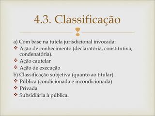 
a) Com base na tutela jurisdicional invocada:
 Ação de conhecimento (declaratória, constitutiva,
condenatória).
 Ação cautelar
 Ação de execução
b) Classificação subjetiva (quanto ao titular).
 Pública (condicionada e incondicionada)
 Privada
 Subsidiária à pública.
4.3. Classificação
 