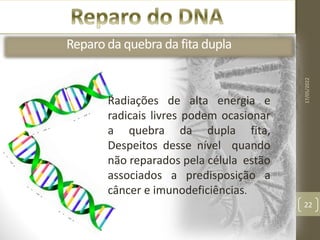 17/05/2022
22
Excisão de Nucleotideos
Reparo da quebra da fita dupla
Radiações de alta energia e
radicais livres podem ocasionar
a quebra da dupla fita,
Despeitos desse nível quando
não reparados pela célula estão
associados a predisposição a
câncer e imunodeficiências.
 