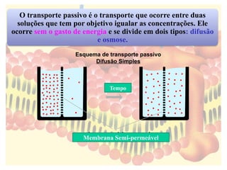 O transporte passivo é o transporte que ocorre entre duas
soluções que tem por objetivo igualar as concentrações. Ele
ocorre sem o gasto de energia e se divide em dois tipos: difusão
e osmose.
Esquema de transporte passivo
Difusão Simples
Membrana Semi-permeável
Tempo
 