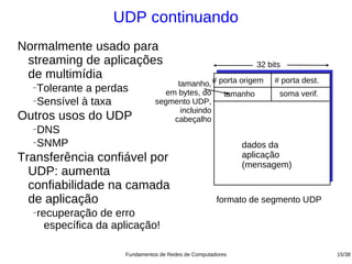 UDP continuando
Normalmente usado para
 streaming de aplicações                                         32 bits
 de multimídia
                                       tamanho, # porta origem        # porta dest.
  −Tolerante a perdas               em bytes, do   tamanho             soma verif.
  −Sensível à taxa                segmento UDP,
                                        incluindo
Outros usos do UDP                    cabeçalho
  −DNS
  −SNMP
                                                               dados da
Transferência confiável por                                    aplicação
                                                               (mensagem)
  UDP: aumenta
  confiabilidade na camada
  de aplicação                                          formato de segmento UDP
  −   recuperação de erro
        específica da aplicação!

                        Fundamentos de Redes de Computadores                          15/38
 
