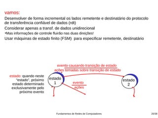 vamos:
Desenvolver de forma incremental os lados remetente e destinatário do protocolo
de transferência confiável de dados (rdt)
Considerar apenas a transf. de dados unidirecional
Mas informações de controle fluirão nas duas direções!
●


Usar máquinas de estado finito (FSM) para especificar remetente, destinatário




                               evento causando transição de estado
                              ações tomadas sobre transição de estado
    estado: quando neste
        “estado”, próximo   estado                                      estado
     estado determinado        1            evento
                                                                           2
     exclusivamente pelo                     ações
          próximo evento




                               Fundamentos de Redes de Computadores               20/38
 