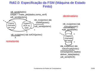 Rdt2.0: Especificação da FSM (Máquina de Estado
                         Finito)
   rdt_send(dados)
   snkpkt = make_pkt(dados,soma_verif)
   udt_send(pctenv)                                               destinatário
                         rdt_rcv(pctrec) &&
 Espera         Espera     isNAK(pctrec)
                                                                  rdt_rcv(pctrec) &&
 chamada        ACK ou
  de cima
                            udt_send(pctenv)                       corrupt(pctrec)
                 NAK
                                                                  udt_send(NAK)

    rdt_rcv(pctrec) && isACK(pctrec)
                                                                    Espera
        Λ                                                          chamada
                                                                   de baixo
remetente
                                                             rdt_rcv(pctrec) &&
                                                               notcorrupt(pctrec)
                                                             extract(pctrec,dados)
                                                             deliver_data(dados)
                                                             udt_send(ACK)




                           Fundamentos de Redes de Computadores                        23/38
 