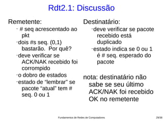 Rdt2.1: Discussão
Remetente:                           Destinatário:
  −
    # seq acrescentado ao     −
                               deve verificar se pacote
     pkt                        recebido está
  −
    dois #s seq. (0,1)          duplicado
     bastarão. Por quê?       −
                               estado indica se 0 ou 1
  −
    deve verificar se           é # seq. esperado do
     ACK/NAK recebido foi       pacote
     corrompido
  −
    o dobro de estados     nota: destinatário não
  −
    estado de “lembrar” se   sabe se seu último
     pacote “atual” tem #
     seq. 0 ou 1             ACK/NAK foi recebido
                                         OK no remetente

                  Fundamentos de Redes de Computadores     29/38
 