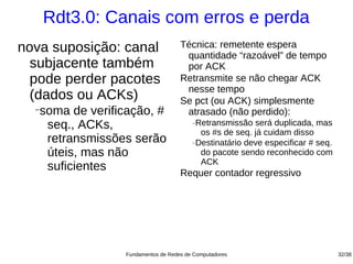 Rdt3.0: Canais com erros e perda
nova suposição: canal               Técnica: remetente espera
                                     quantidade “razoável” de tempo
  subjacente também                  por ACK
  pode perder pacotes               Retransmite se não chegar ACK
                                     nesse tempo
  (dados ou ACKs)                   Se pct (ou ACK) simplesmente
  −
   soma de verificação, #            atrasado (não perdido):
    seq., ACKs,                         −Retransmissão será duplicada, mas
                                          os #s de seq. já cuidam disso
    retransmissões serão                −Destinatário deve especificar # seq.


    úteis, mas não                        do pacote sendo reconhecido com
                                          ACK
    suficientes                     Requer contador regressivo




                 Fundamentos de Redes de Computadores                           32/38
 