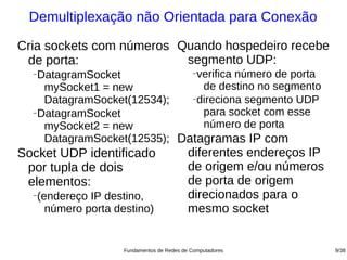 Demultiplexação não Orientada para Conexão

Cria sockets com números Quando hospedeiro recebe
 de porta:                segmento UDP:
                             −verifica número de porta
  −
   DatagramSocket
    mySocket1 = new            de destino no segmento
                             −direciona segmento UDP
    DatagramSocket(12534);
  −DatagramSocket              para socket com esse
    mySocket2 = new            número de porta
    DatagramSocket(12535); Datagramas IP com
Socket UDP identificado                       diferentes endereços IP
 por tupla de dois                            de origem e/ou números
 elementos:                                   de porta de origem
  −
      (endereço IP destino,                   direcionados para o
        número porta destino)                 mesmo socket


                       Fundamentos de Redes de Computadores             9/38
 