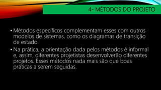 4- MÉTODOS DO PROJETO
• Métodos específicos complementam esses com outros
modelos de sistemas, como os diagramas de transição
de estado.
• Na prática, a orientação dada pelos métodos é informal
e, assim, diferentes projetistas desenvolverão diferentes
projetos. Esses métodos nada mais são que boas
práticas a serem seguidas.
 