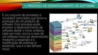 É um conjunto de atividades e
resultados associados que levam a
produção de um produto de
software. Esse processo pode
envolver o desenvolvimento de
software desde o inicio, embora,
cada vez mais, ocorra o caso de
um software novo ser desenvolvido
mediante a expansão e a
modificação de sistemas já
existentes, isso é o tão famoso
reuso.
1- PROCESSO DE DESENVOLVIMENTO DE SOFTWARE
 
