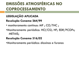 EMISSÕES ATMOSFÉRICAS NO
COPROCESSAMENTO
LEGISLAÇÃO APLICADA
Resolução Conama 264/99
• monitoramento contínuo: MP ; CO/THC ;
•Monitoramento periódico: HCl/Cl2; HF; EDR/PCOPs;
METAIS;
Resolução Conama 316/02
•Monitoramento periódico: dioxinas e furanos

 
