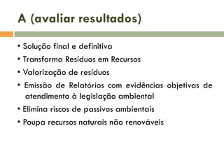 A (avaliar resultados)
• Solução final e definitiva
• Transforma Resíduos em Recursos
• Valorização de resíduos
• Emissão de Relatórios com evidências objetivas de
atendimento à legislação ambiental
• Elimina riscos de passivos ambientais
• Poupa recursos naturais não renováveis

 